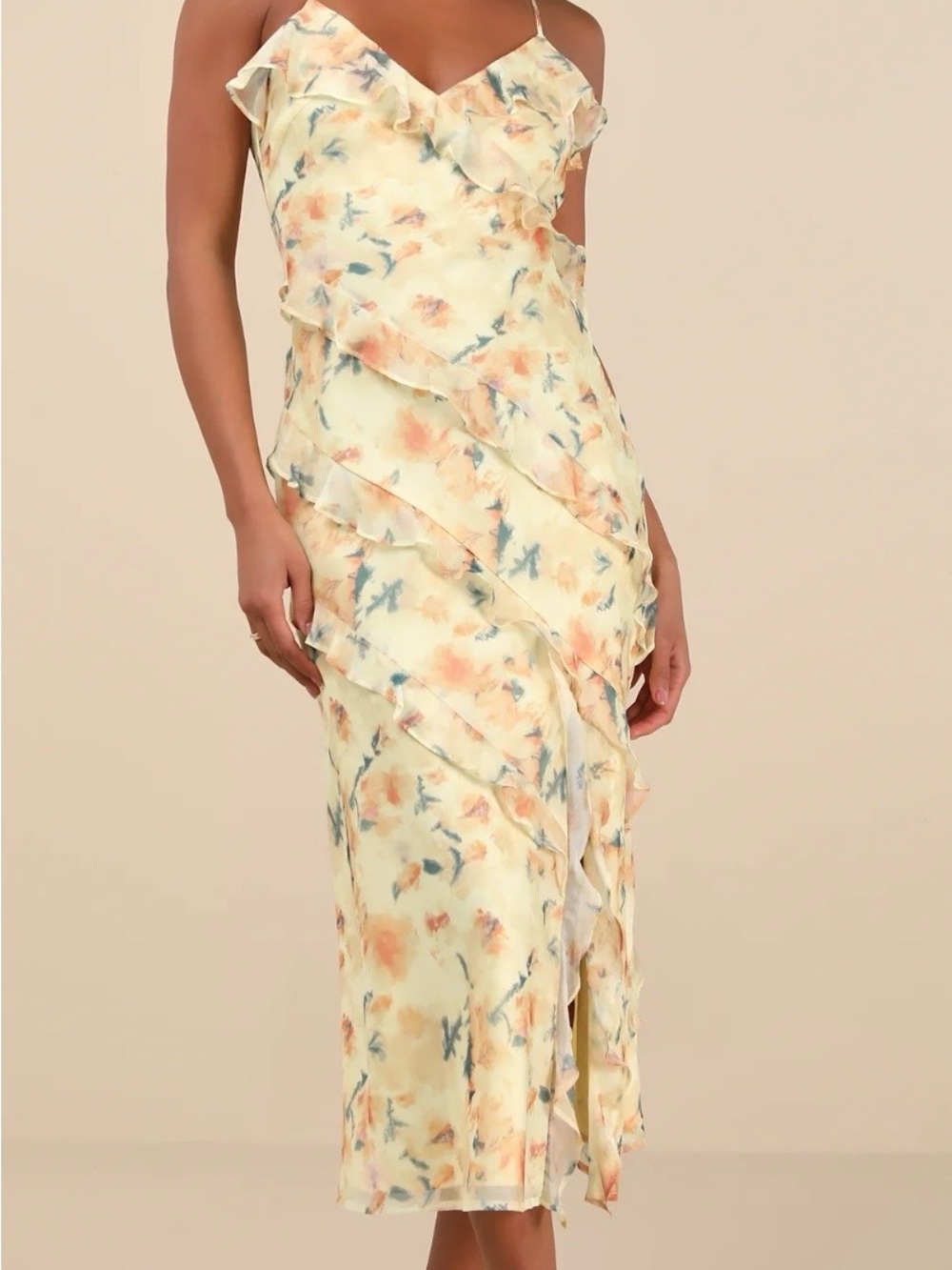 Dreamy Personality Yellow Floral Ruffled Sleeveless Midi Dress